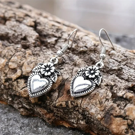 Vintage Silver Floral Heart Earrings-Maryam Jewelry