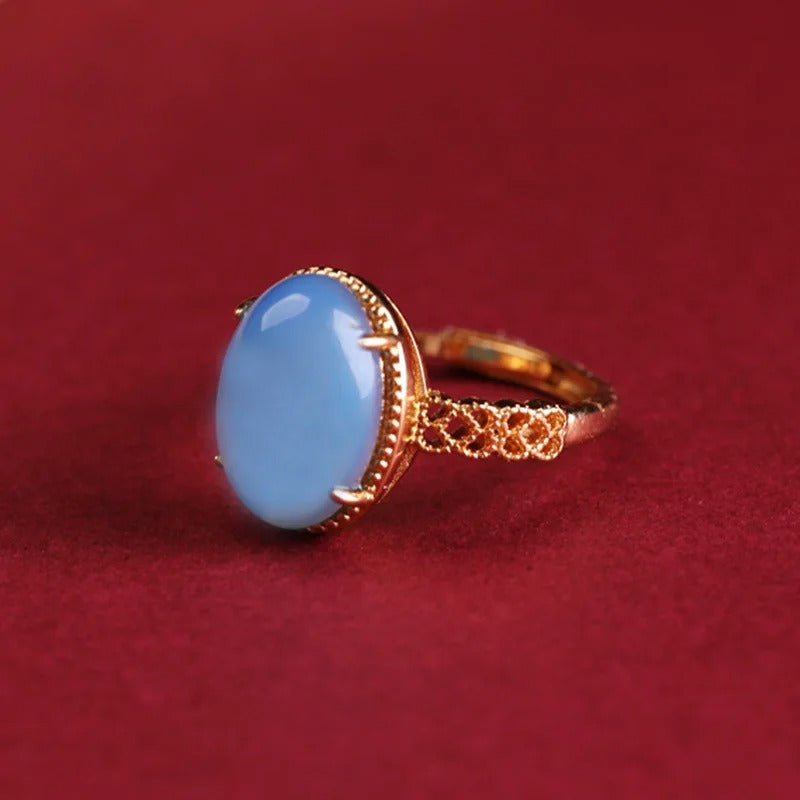 Vintage Gold Light Blue Oval Gemstone Adjustable Ring-Maryam Jewelry