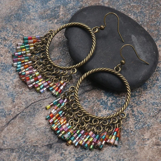 Vintage Multi-Color Beaded Hoop Earrings-Maryam Jewelry