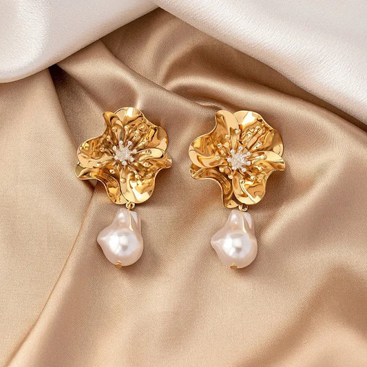 Gold Flower Pearl Drop & Crystal Earrings-Maryam Jewelry