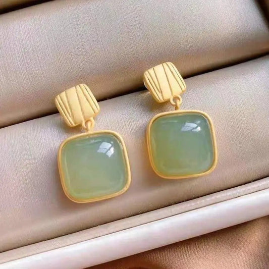Gold Square Green Gemstone Earrings-Maryam Jewelry
