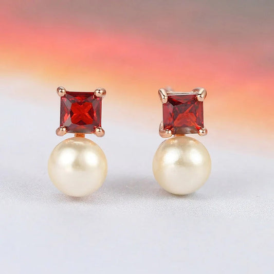 Classic Red Stone & Pearl Rose Gold Retro Charm Earrings-Maryam Jewelry