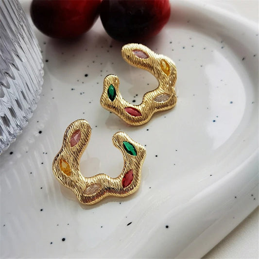 Gold Wavy Multi-Color Gemstones Earrings-Maryam Jewelry