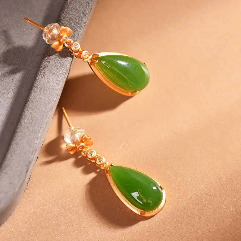 Classic Gold & Green Gemstone Inlaid Bow Crystal Dangle Earrings-Maryam Jewelry