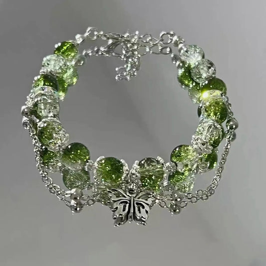 Vintage Silver Butterfly & Green Bead Bracelet-Maryam Jewelry
