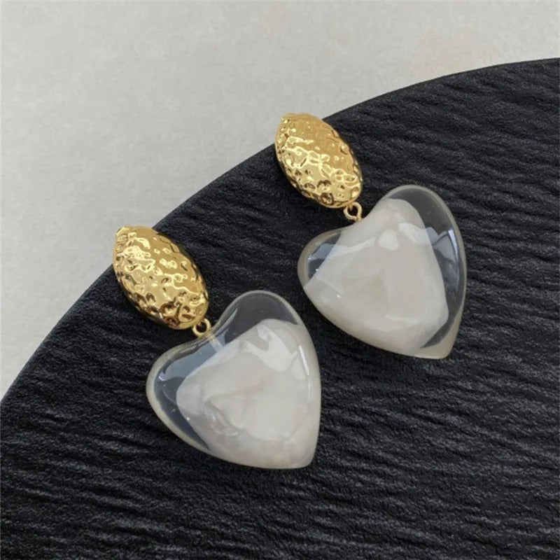 Classic Gold Heart-Cut Clear Resin & Textured Top Earrings-Maryam Jewelry