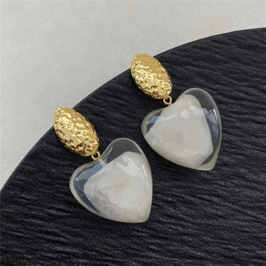 Classic Gold Heart-Cut Clear Resin & Textured Top Earrings-Maryam Jewelry