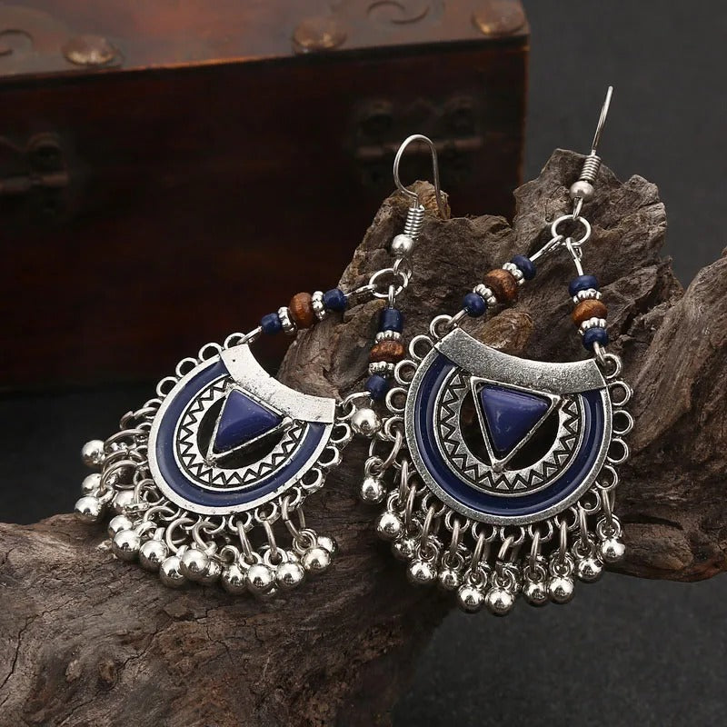 Vintage Blue Tribal Silver Tassel Earrings-Maryam Jewelry
