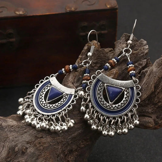 Vintage Blue Tribal Silver Tassel Earrings-Maryam Jewelry
