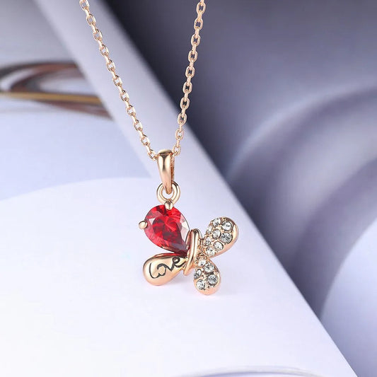 Rose Gold Heart-Shaped Red Gem Butterfly Pendant Necklace-Maryam Jewelry