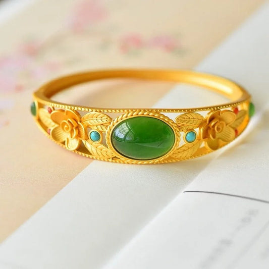 Timeless Gold Green Stone & Floral Bangle Bracelet-Maryam Jewelry