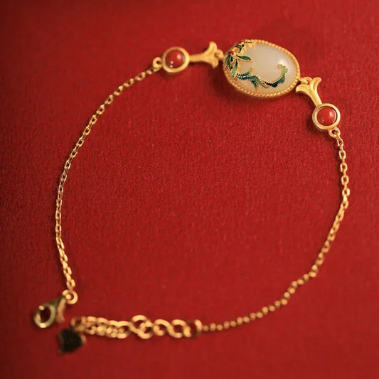Vintage Gold Green & Red Coral Gem Floral Bracelet-Maryam Jewelry