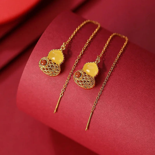Vintage Gold & Yellow Teardrop Gourd Fringed Earrings-Maryam Jewelry