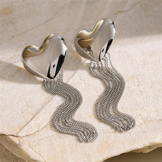 Classic Silver Heart Tassel Chain Design Earrings-Maryam Jewelry