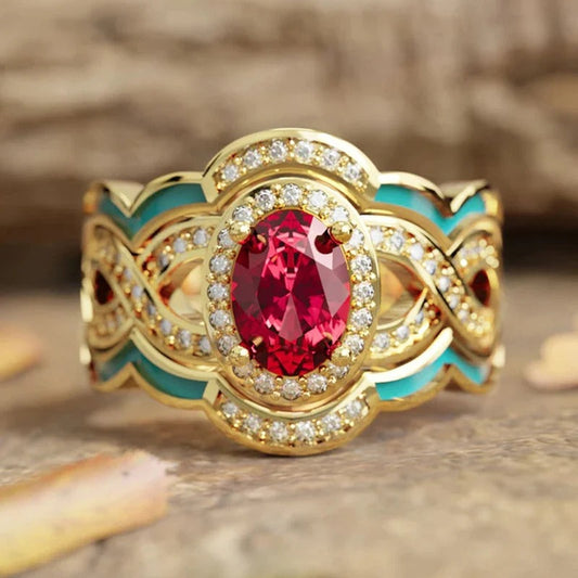 Vintage Gold Red Gem Crystal Ring-Maryam Jewelry