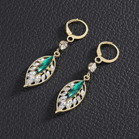 Gold Green Hollow Leaves Dangle Earrings-Maryam Jewelry