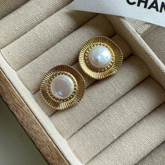 Classic Round Gold Rim Pearl Earrings-Maryam Jewelry