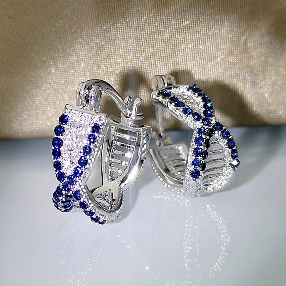 Silver Blue Crystal Hoop Earrings-Maryam Jewelry