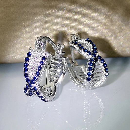 Silver Blue Crystal Hoop Earrings-Maryam Jewelry