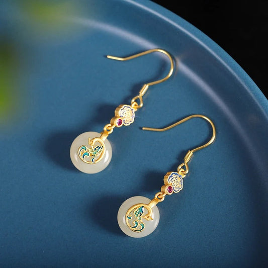 Vintage Gold & Floral Circle Phoenix Dance Drop Earrings-Maryam Jewelry