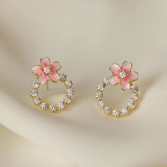 Gold Pink Flower Stud Earrings-Maryam Jewelry