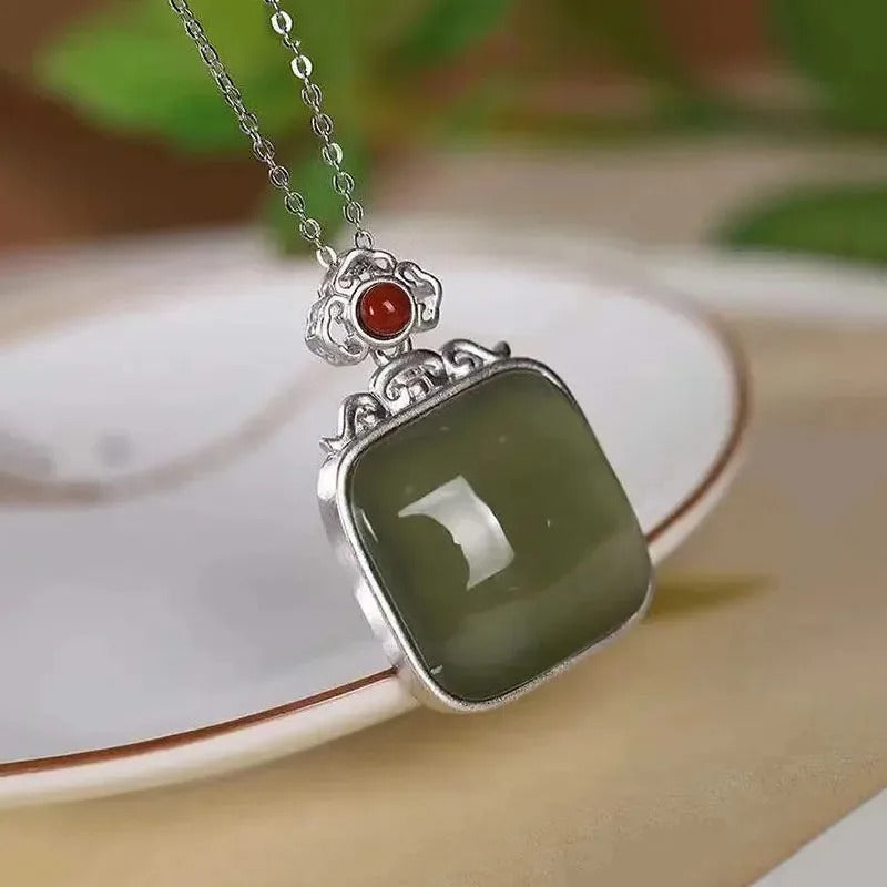 Classic Silver Green Square Gem Pendant Necklace-Maryam Jewelry