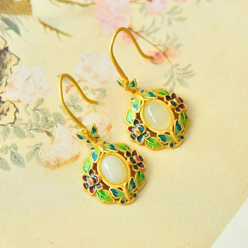 Vintage Gold & Green Floral White Gemstone Drop Earrings-Maryam Jewelry