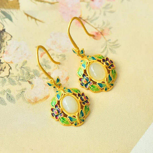 Vintage Gold & Green Floral White Gemstone Drop Earrings-Maryam Jewelry