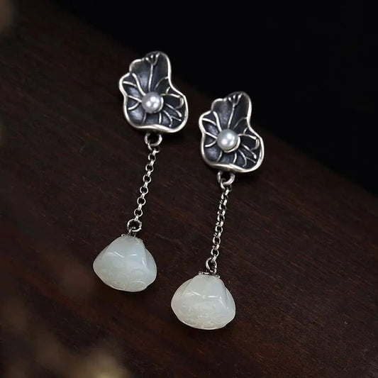 Classic Silver & White Jade Lotus Leaf Pearl Earrings-Maryam Jewelry