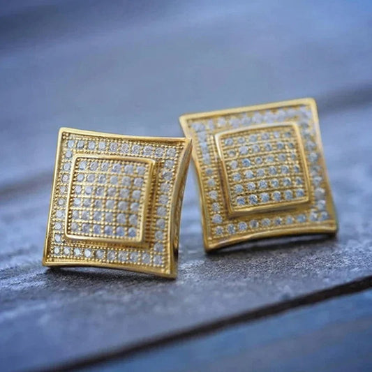 Gold Square Sparkle Stud Earrings-Maryam Jewelry
