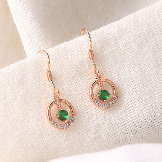 Classic Rose Gold Green Gem & Crystal Ring Drop Earrings-Maryam Jewelry