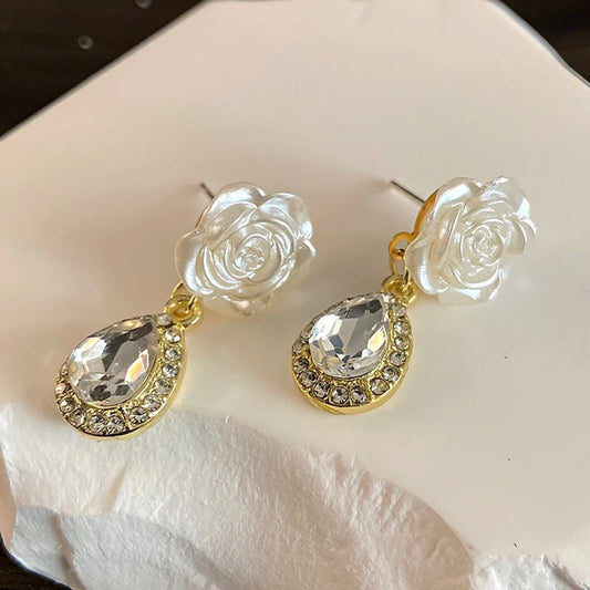 Vintage White Rose Teardrop Earrings-Maryam Jewelry