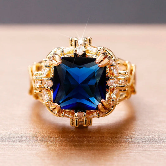 Vintage Gold Blue Square Cut Gem Ring-Maryam Jewelry