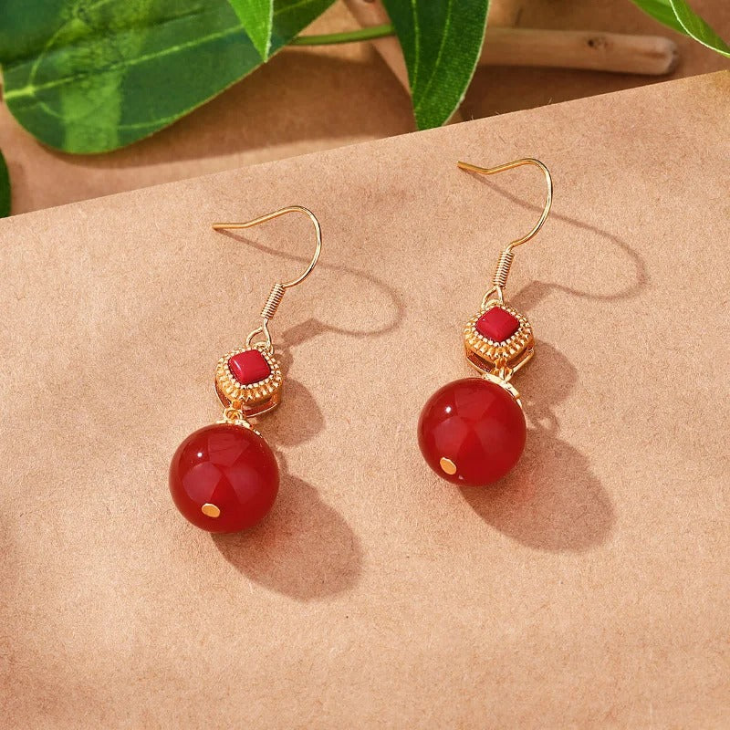 Vintage Gold & Red Gemstone Round Bead Dangle Earrings-Maryam Jewelry
