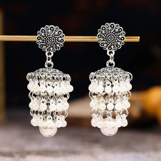 Vintage Silver Layered Pearl Drop Earring-Maryam Jewelry
