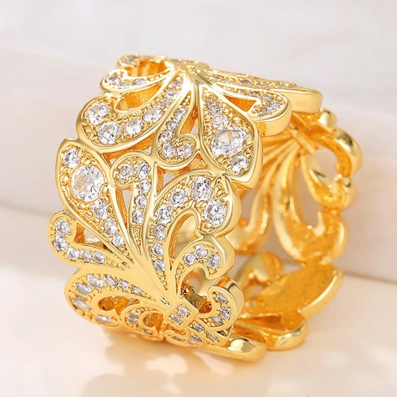 Vintage Gold Floral Pattern Crystal Ring-Maryam Jewelry