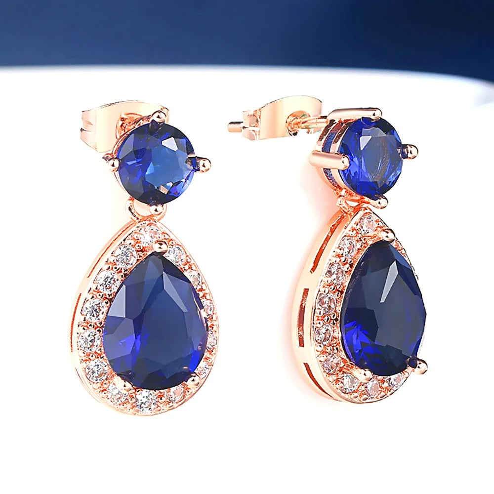 Rose Gold Blue & White Gemstone Drop Earrings-Maryam Jewelry