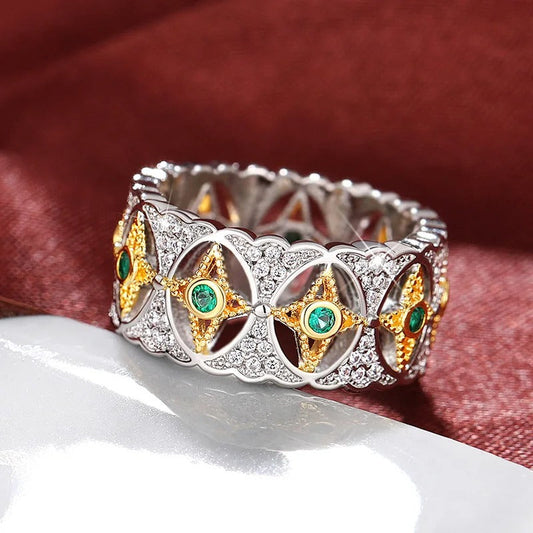 Silver Starburst Green Stone Vintage Ring-Maryam Jewelry