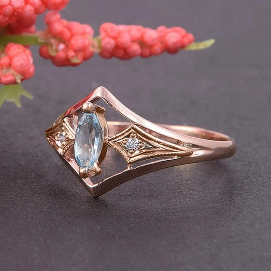 Vintage Rose Gold Blue Marquise Ring-Maryam Jewelry