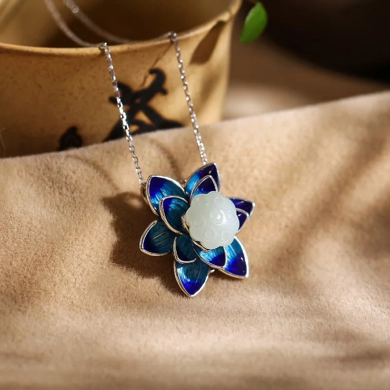 Vintage Blue Lotus Floral Pendant Necklace-Maryam Jewelry