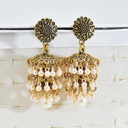 Handmade Gold Pearl Bead Tassel Earrings-Maryam Jewelry