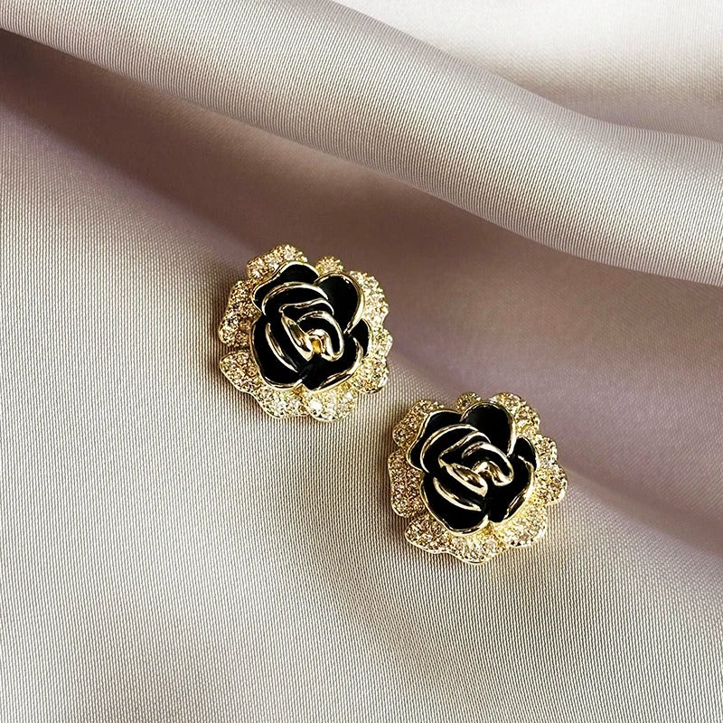 Vintage Gold & Black Rose Stud Earrings-Maryam Jewelry