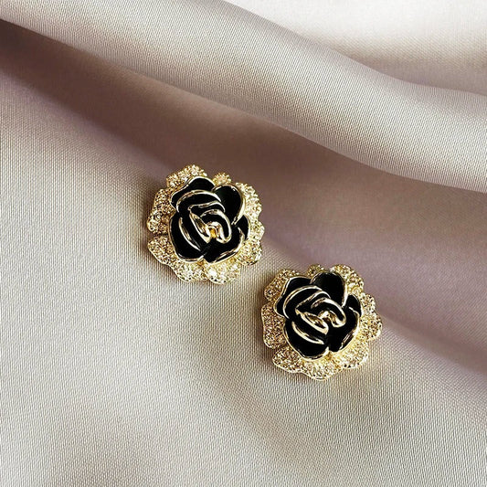 Vintage Gold & Black Rose Stud Earrings-Maryam Jewelry