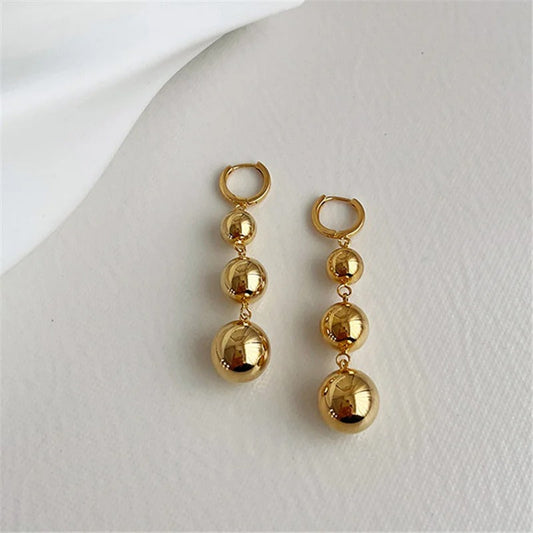 Gold Shiny Triple Ball Dangle Earrings-Maryam Jewelry