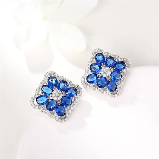 Silver Blue Crystal Stud Earrings-Maryam Jewelry