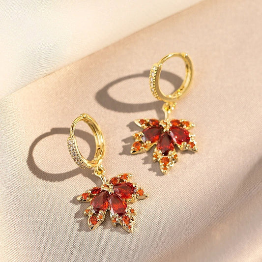 Red Zircon Maple Leaf Pendant Earring-Maryam Jewelry