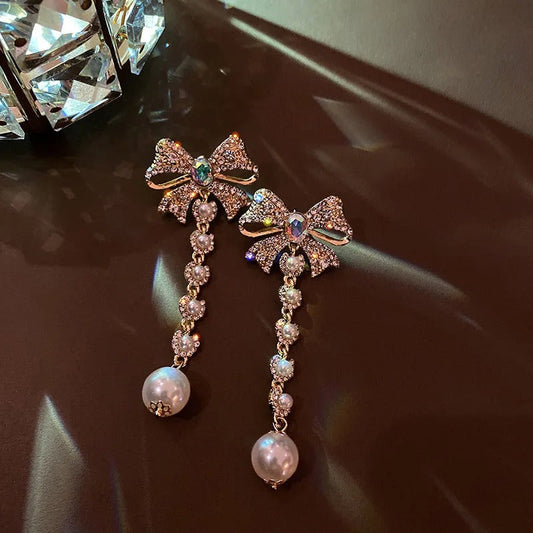 Vintage Gold Crystal Bow Pearl Drop Earrings-Maryam Jewelry