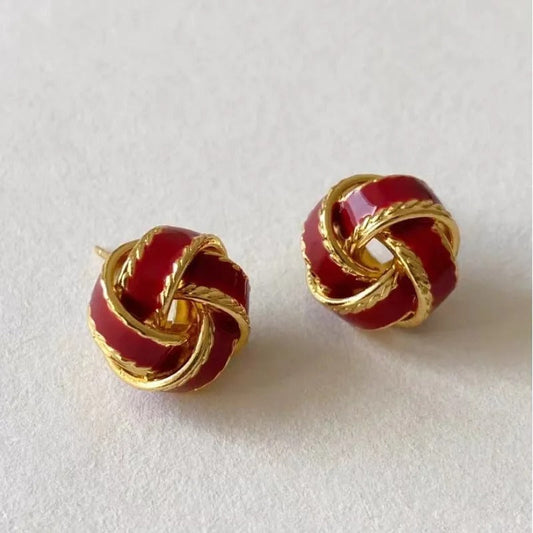 Gold-Plated Red Knot Design Stud Earrings-Maryam Jewelry