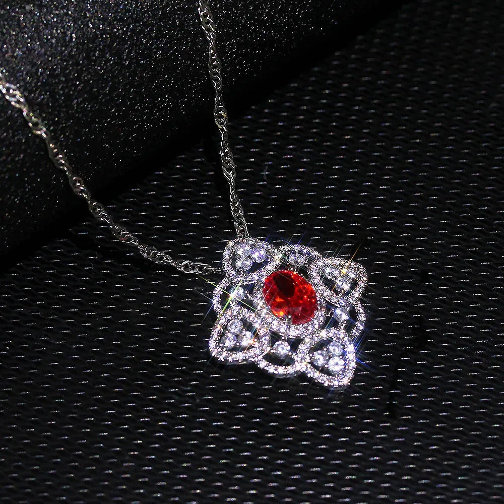 Retro Red Crystal & Intricate Silver Square Necklace-Maryam Jewelry