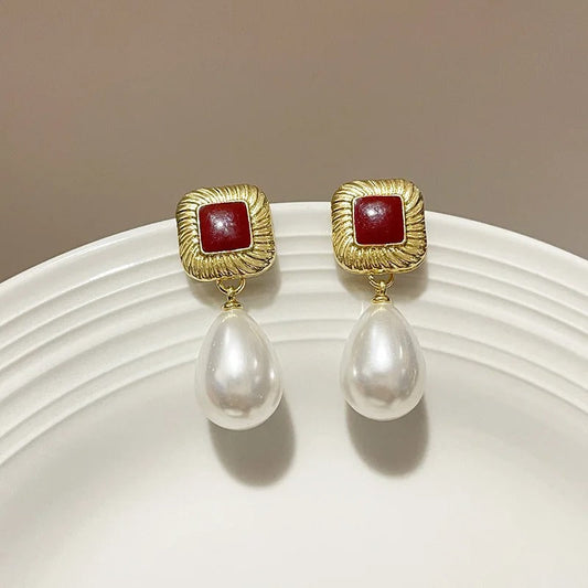 Vintage Gold Square Red Stone & Pearl Dangle Earrings-Maryam Jewelry